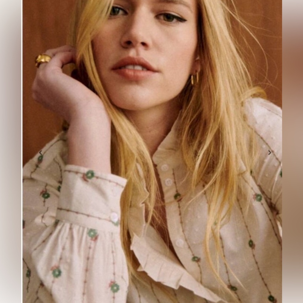 Sezane Chlo Floral Embroidered Cream Blouse
